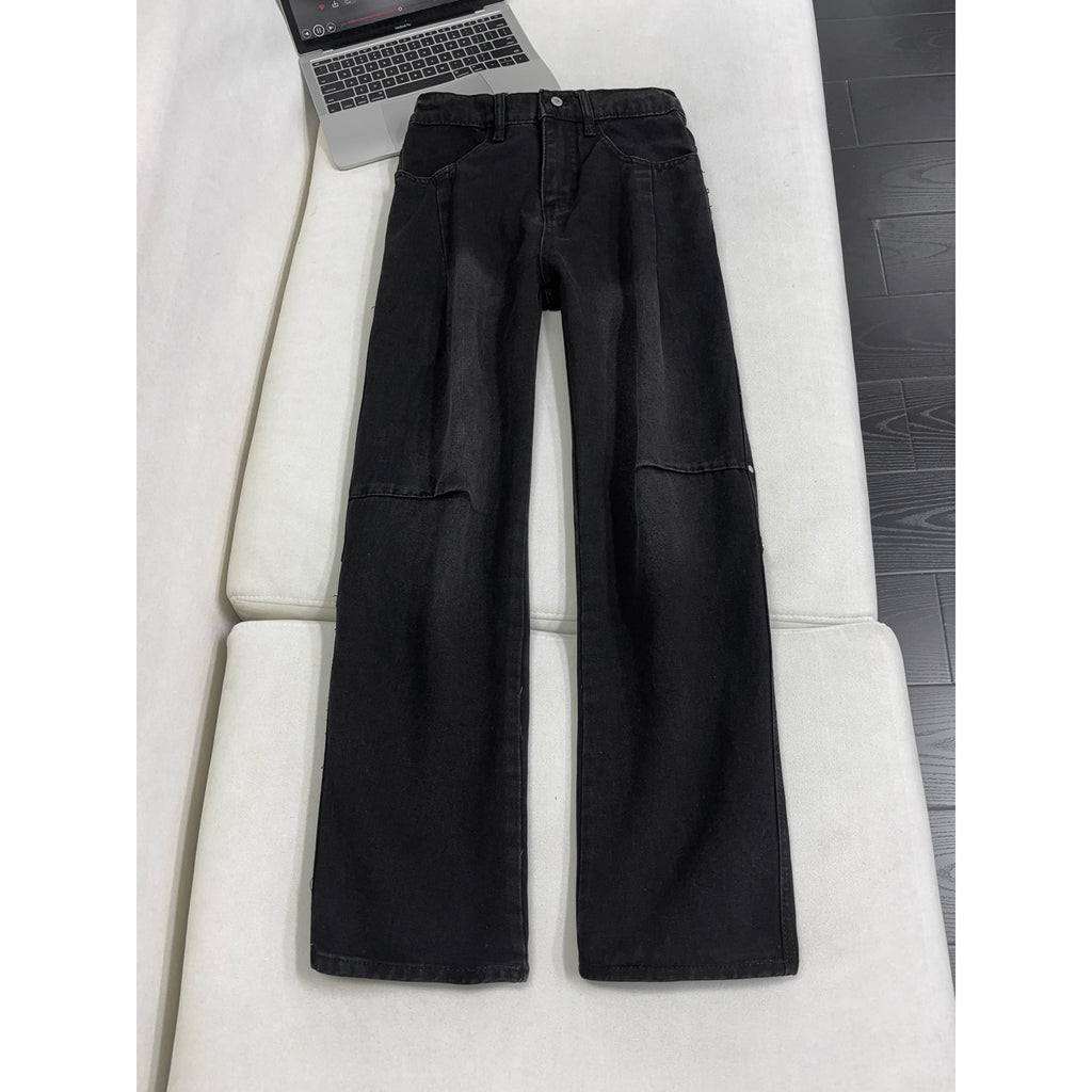 Mens Lightning Pattern Washed Denim Pants Straight Leg Jeans