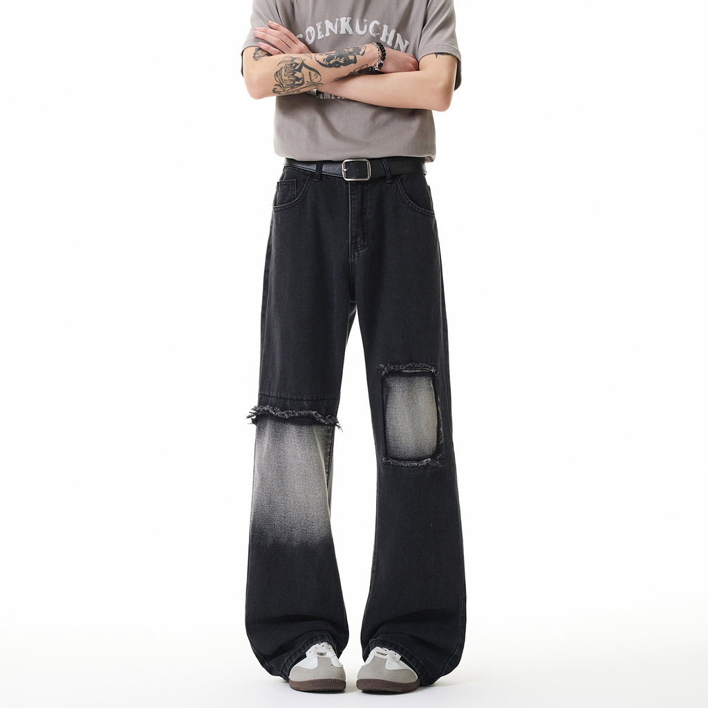 Street Style Ripped Jeans for Men in Light Gray and Charcoal Black