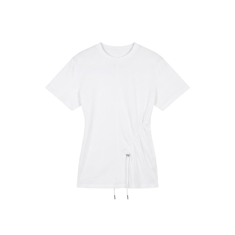 Women's Round Neck Drawstring Short Sleeve Cotton T Shirt Solid Slim Fit