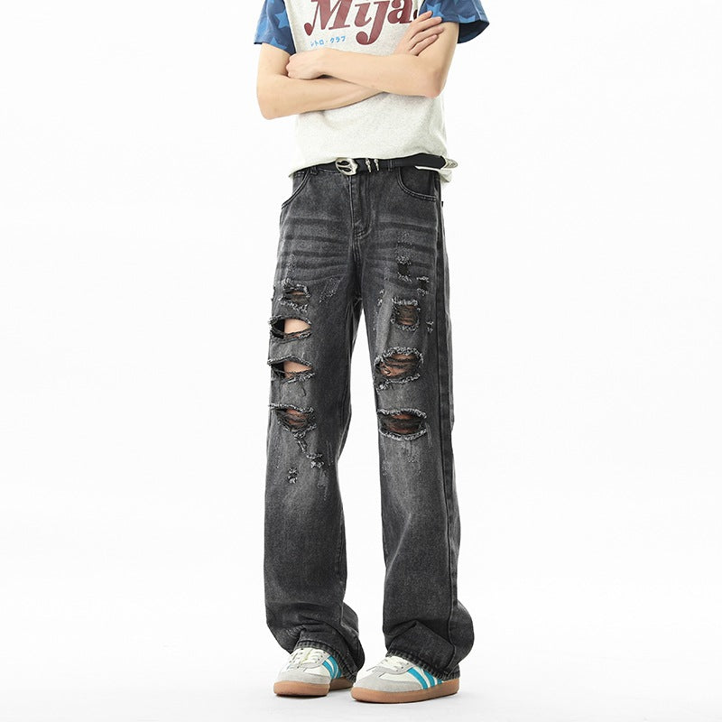 Mens Vintage Distressed Ripped Jeans Streetwear Cotton Loose Fit Long Pants