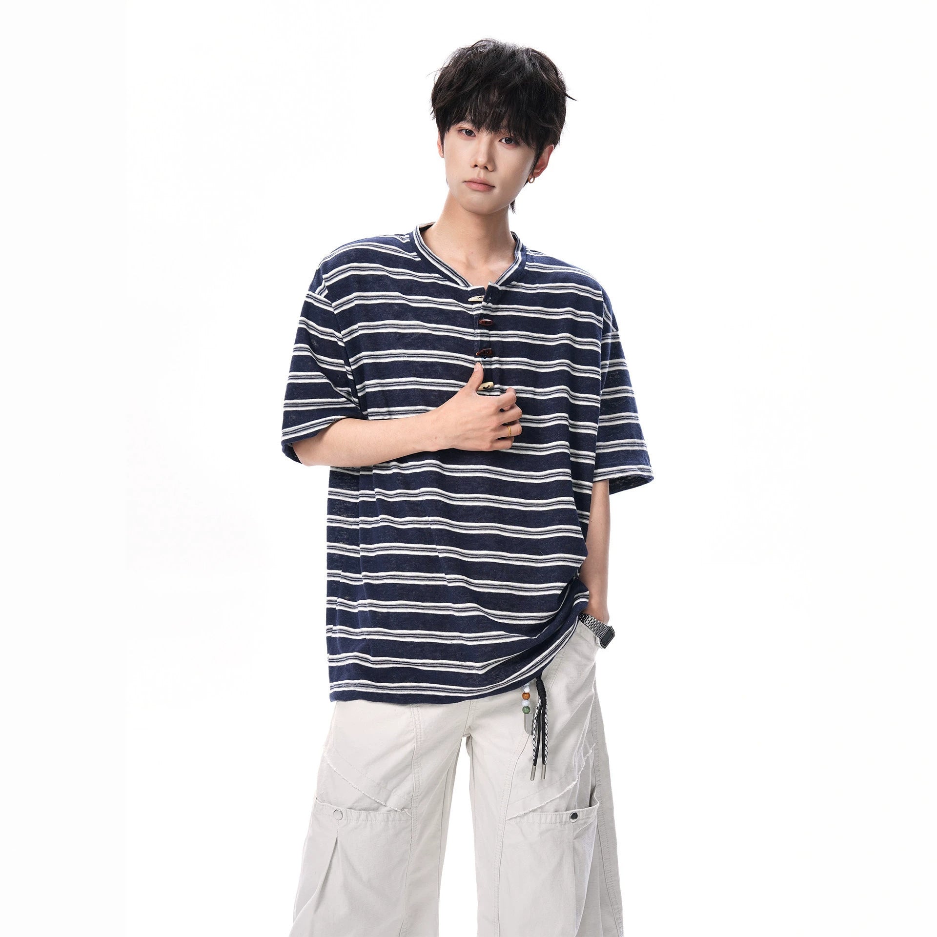Men Henley Neck Stripe Short Sleeve T Shirt Polyester Casual Tee
