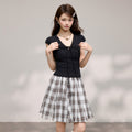 V Neck Black Lace Bow Spliced Short Sleeve T Shirt For Women