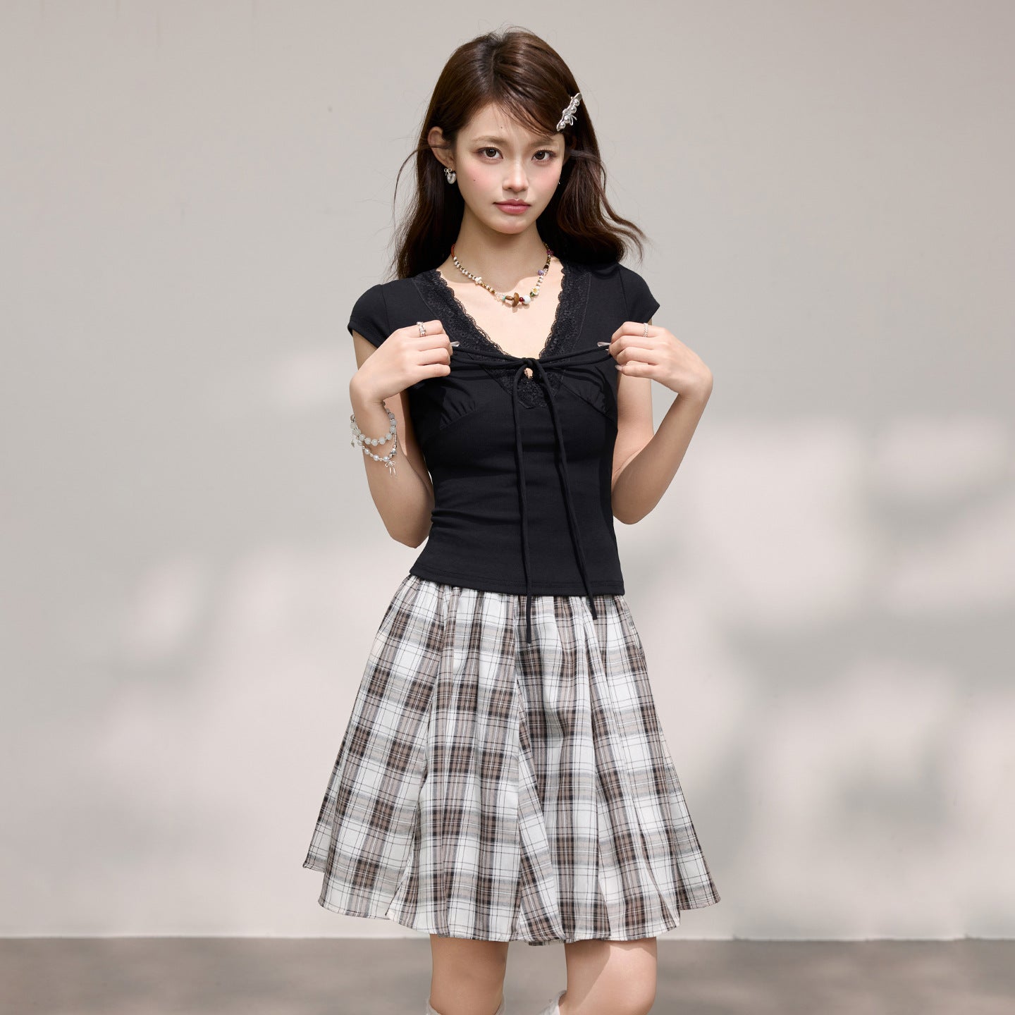 V Neck Black Lace Bow Spliced Short Sleeve T Shirt For Women