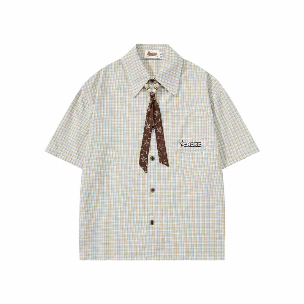 Green Off White Plaid Short Sleeve Cotton Shirt Loose Fit With Turn Down Collar