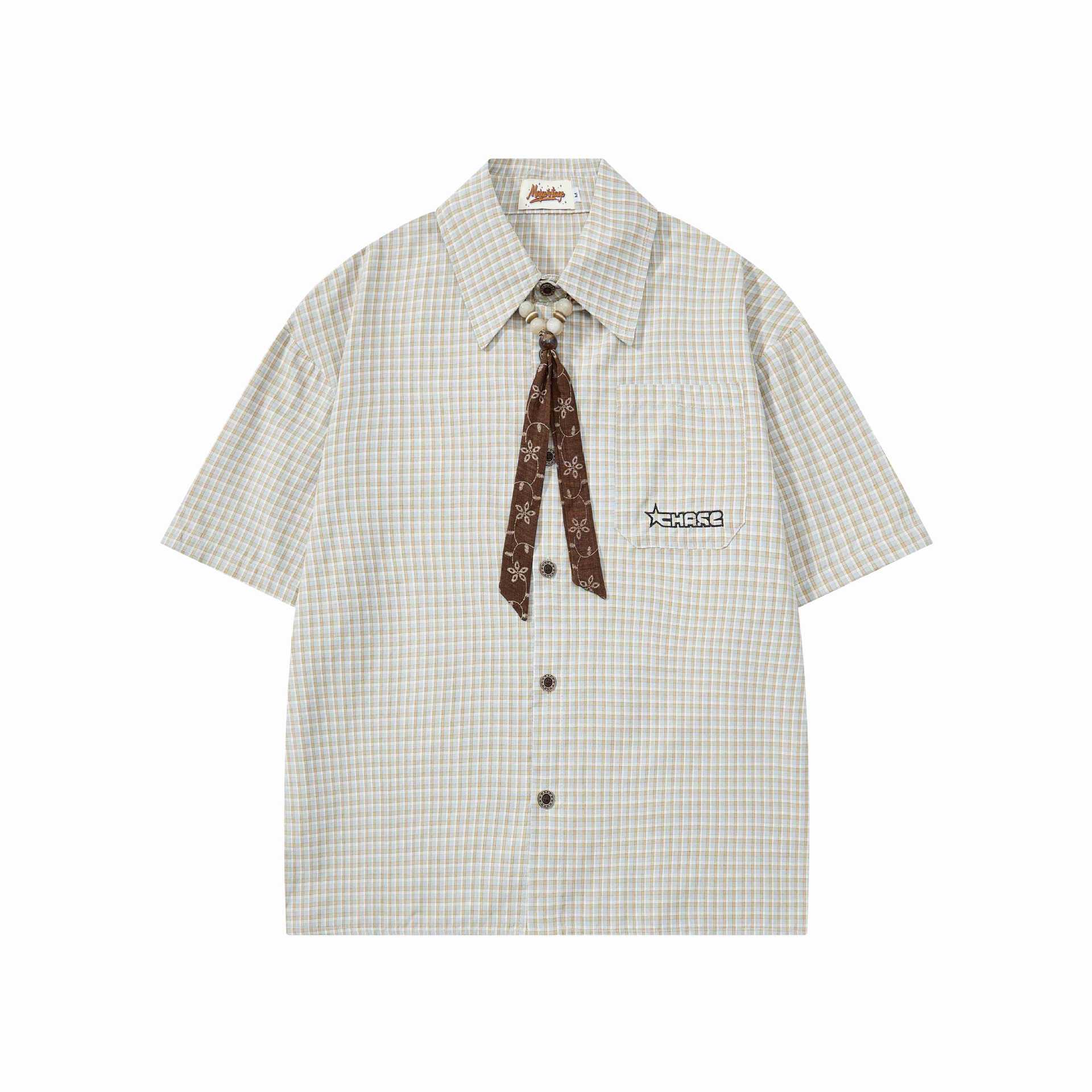 Green Off White Plaid Short Sleeve Cotton Shirt Loose Fit With Turn Down Collar