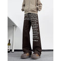 Washed Distressed Letter Print Khaki Jeans Loose Fit Retro Style