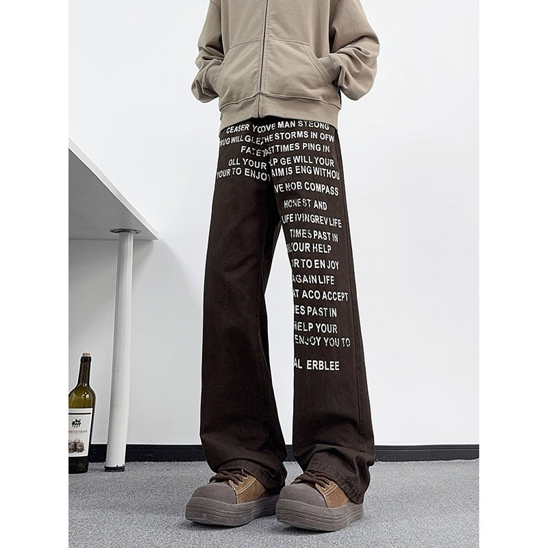 Washed Distressed Letter Print Khaki Jeans Loose Fit Retro Style