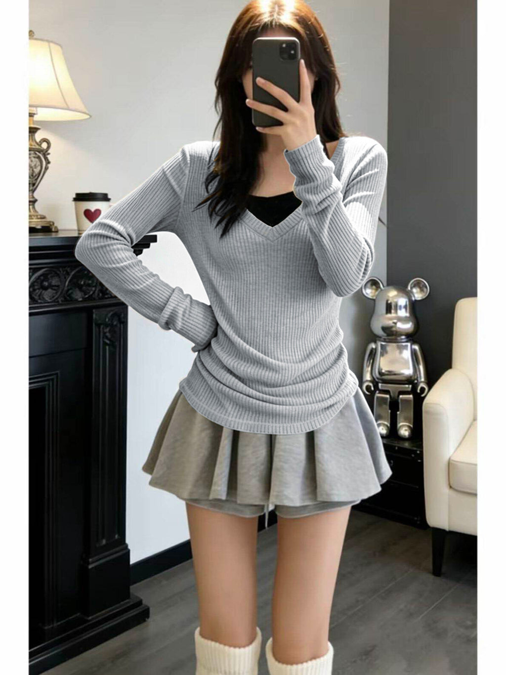 V Neck Knit Top Women Long Sleeve Pullover Solid Color Casual Style