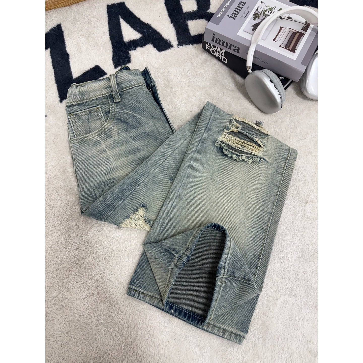 Mens Ripped Denim Pants Vintage Loose Wide Leg Long Trousers
