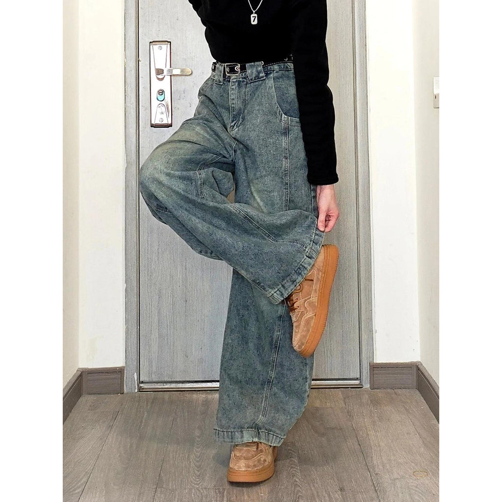 Retro Blue Patchwork Gradient Jeans with Knife Edge Hem High Waist Straight Leg