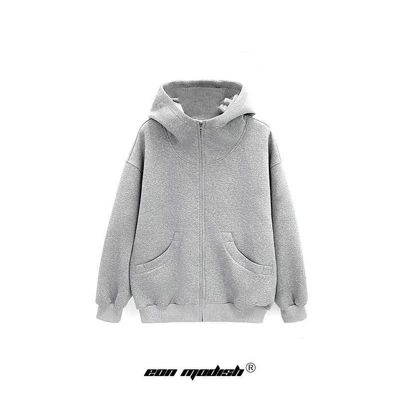 Grey Loose Fit Hoodie Cardigan For Street Fashion And Casual Wear