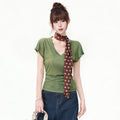 Moss Green V-Neck Short Sleeve Slim Fit Top for Women