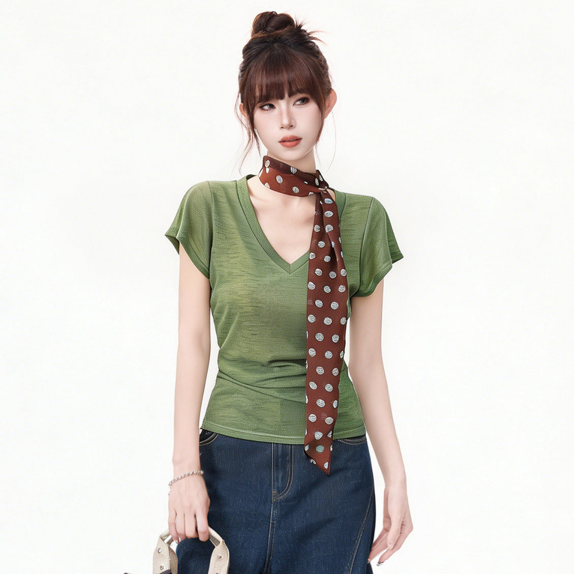 Moss Green V-Neck Short Sleeve Slim Fit Top for Women