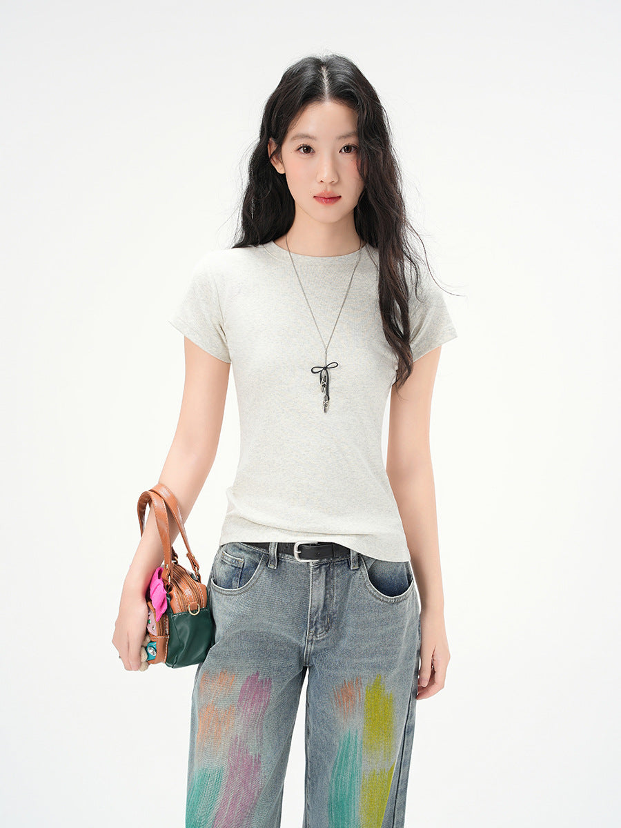 Women's Round Neck Cotton Fitted Short Sleeve T Shirt Basic Tee