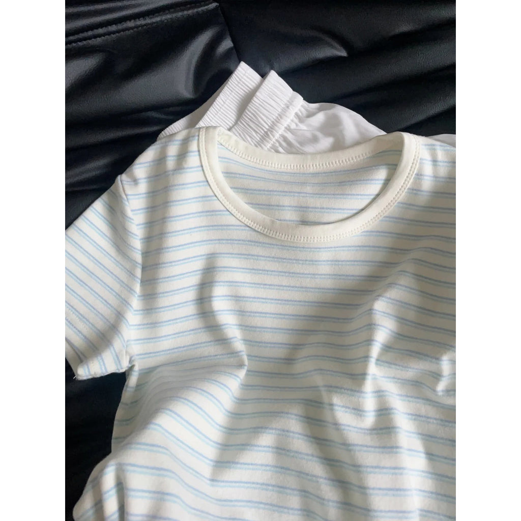 Womens Blue White Striped Cotton Short Sleeve T Shirt Round Neck Regular Fit