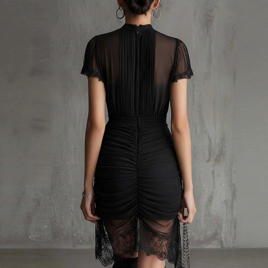 European Black See Through Lace Patchwork Dress With Slit Skirt And High Waist