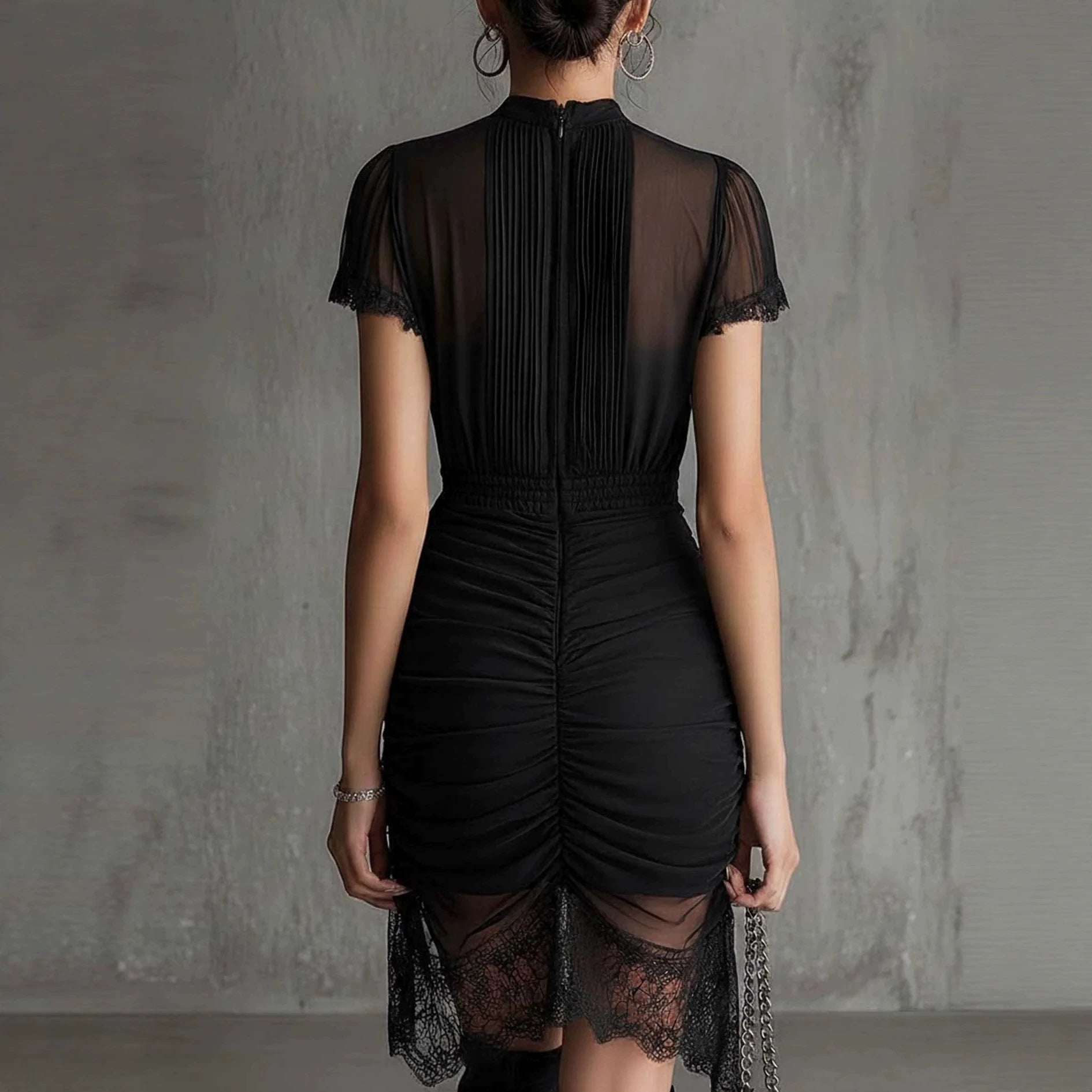 European Black See Through Lace Patchwork Dress With Slit Skirt And High Waist