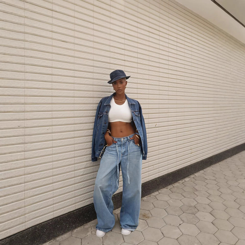 Casual Korean Japanese High Waisted Washed Denim Pants With Straight Leg