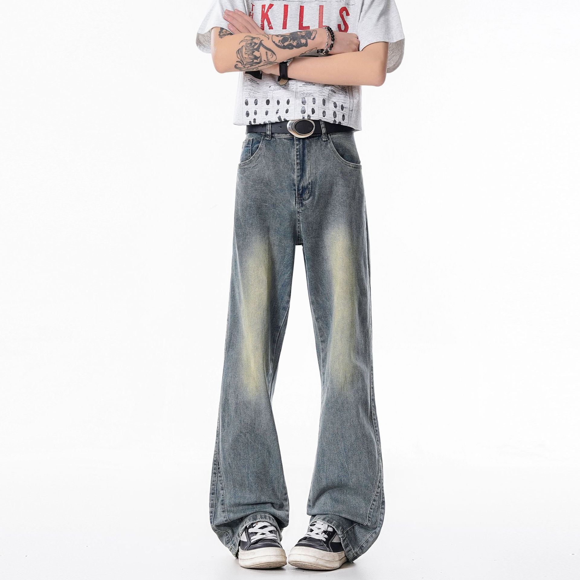 Slim Fit Straight Leg Denim Jeans For Men Washed Cotton Zipper Fly