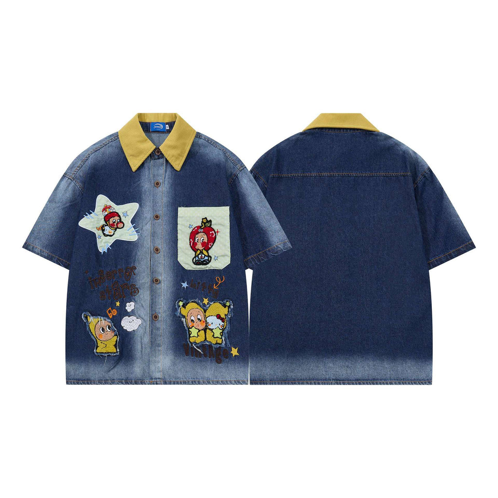 Cartoon Sticker Denim Short Sleeve Shirt Loose Fit With Turn Down Collar
