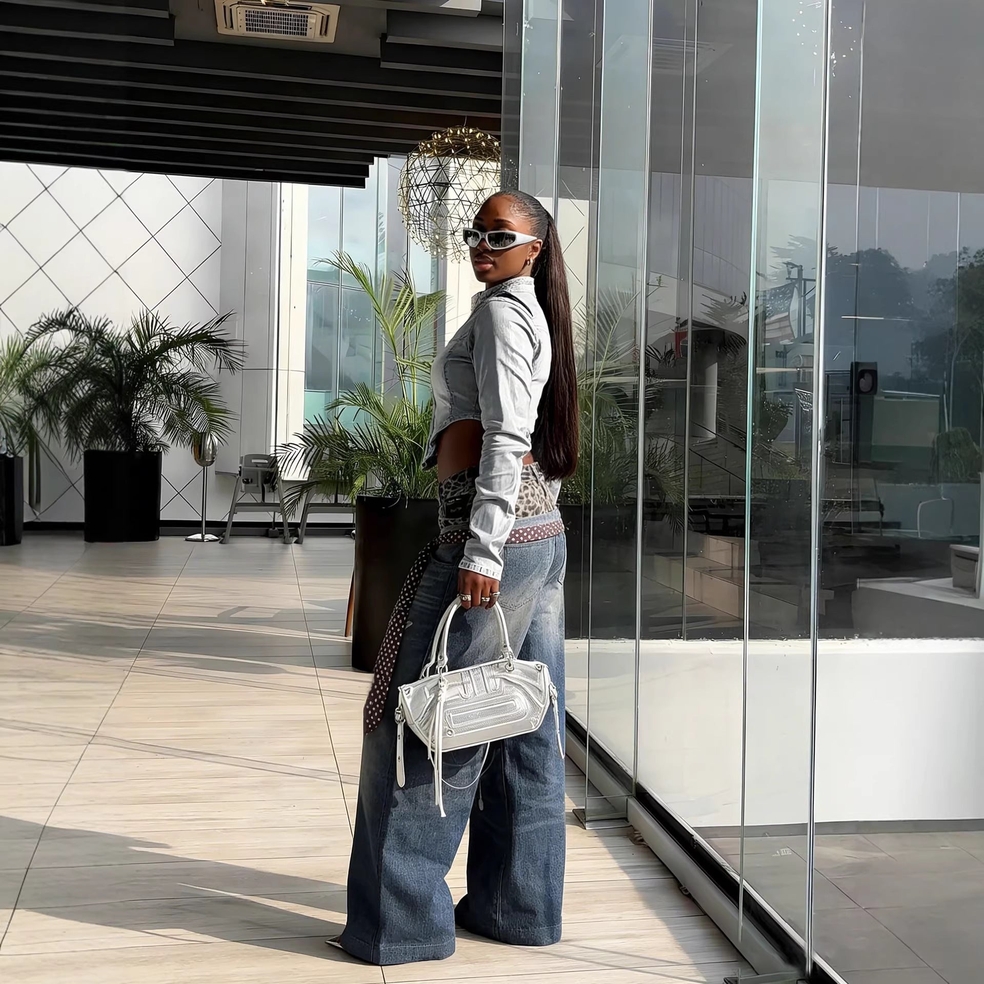Street Style Leopard Print 3D Printed Denim Pants With Double Waistband