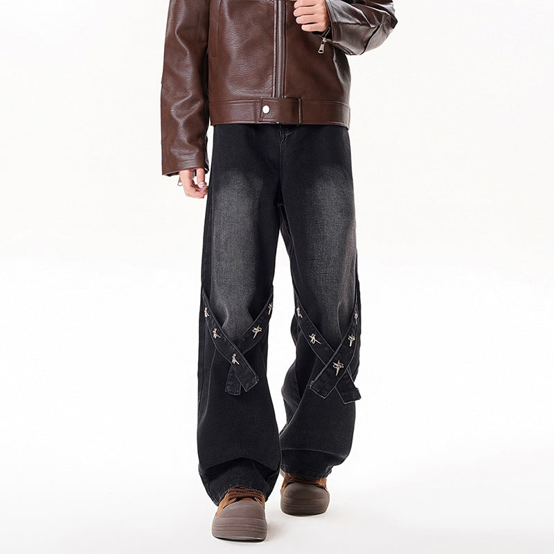 Relaxed Straight Leg Cotton Denim Jeans For Men Long Pants