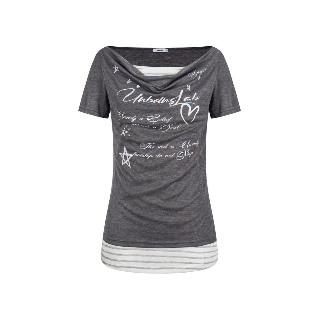 Women's Fake Two Piece Slim Fit Casual Short Sleeve Letter Print T Shirt