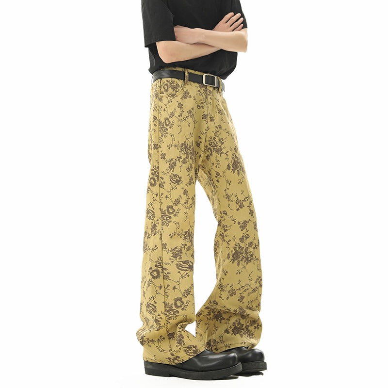 Yellow Mud Floral Allover Jacquard Denim Pants With Retro Embroidery