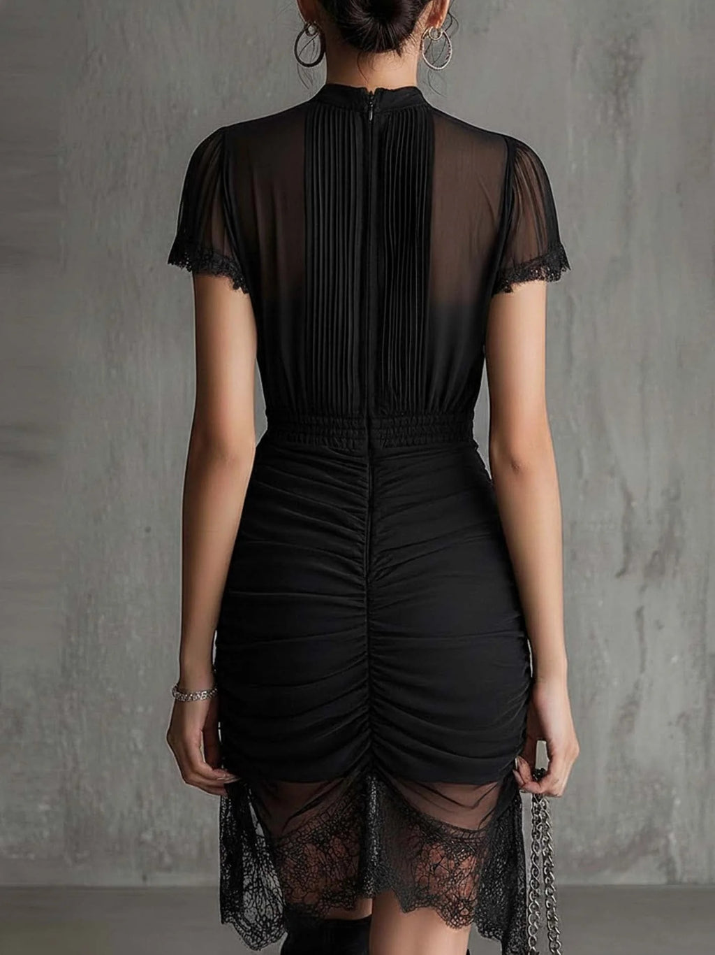 European Black See Through Lace Patchwork Dress With Slit Skirt And High Waist
