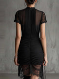 European Black See Through Lace Patchwork Dress With Slit Skirt And High Waist