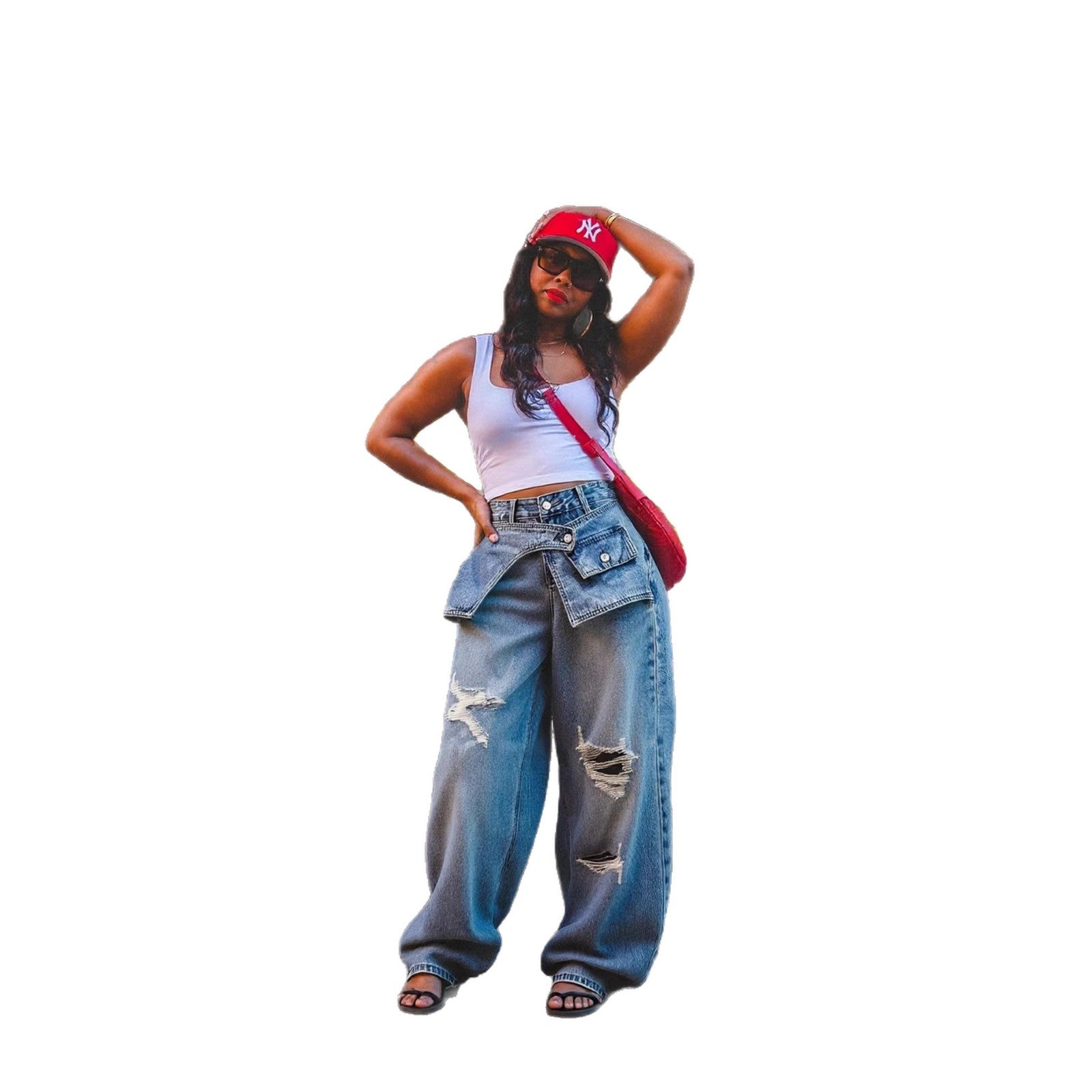 Layered Waist Design Straight Leg Jeans With Ripped Details In Blue Washed Denim
