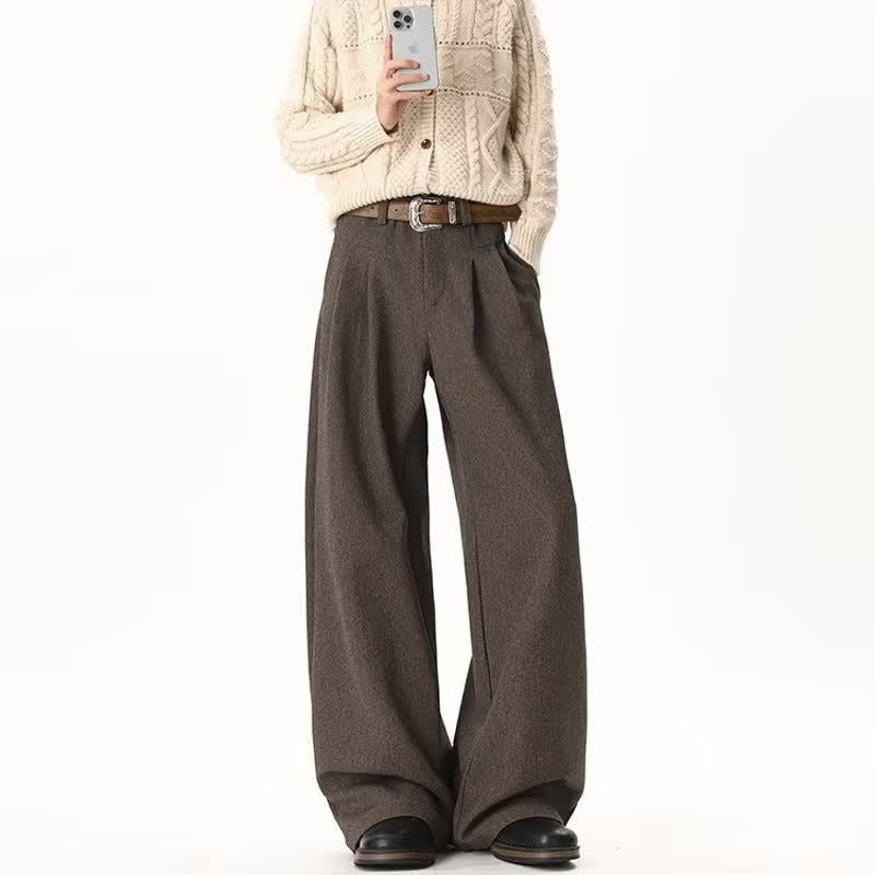 Loose Drape Wide Leg Pants High Street Casual Business Polyester Dark Gray Brown