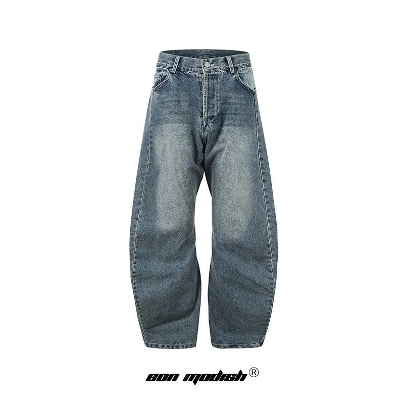 Blue Denim Long Pants Street Style Loose Fit Mid Waist Autumn