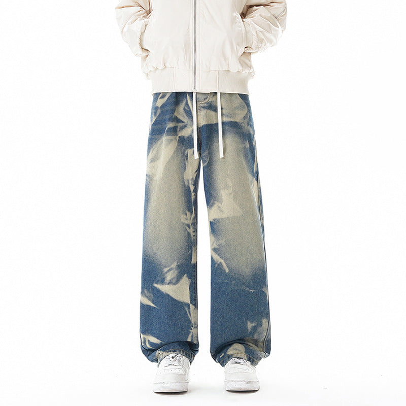Mens Gray Green Camouflage Denim Pants Street Style Loose Fit