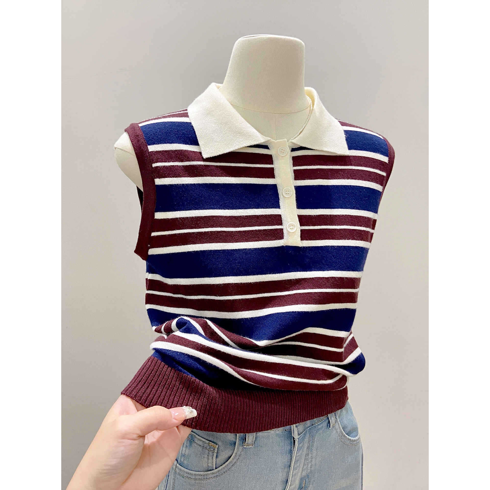 Color Block Stripe Knit Vest For Women Red Blue Sleeveless Office Wear