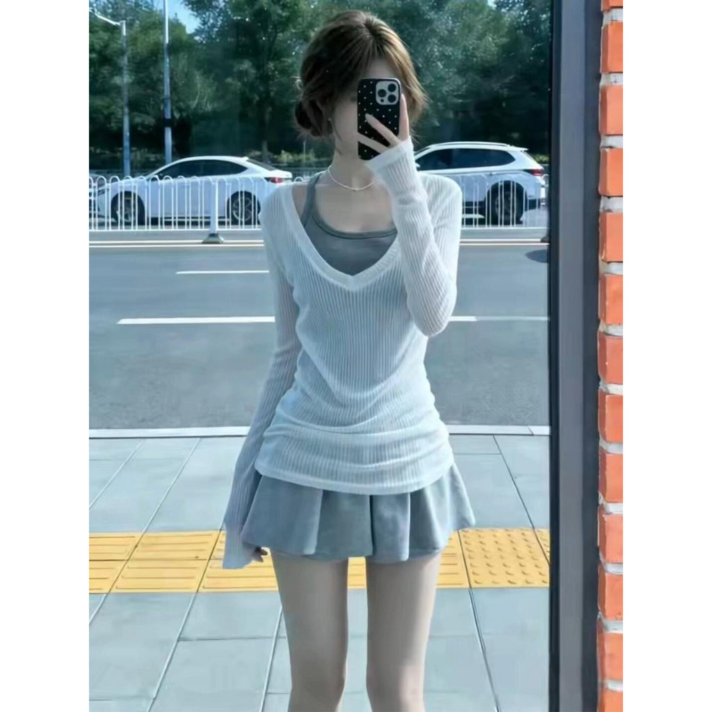V Neck Knit Top Women Long Sleeve Pullover Solid Color Casual Style