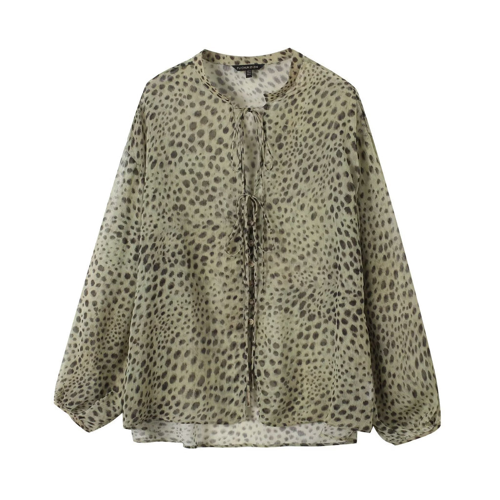 Leopard Print Wind Pattern Long Sleeve Shirt With Stand Collar