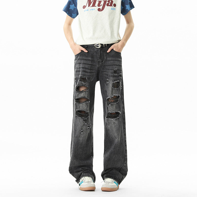 Mens Vintage Distressed Ripped Jeans Streetwear Cotton Loose Fit Long Pants