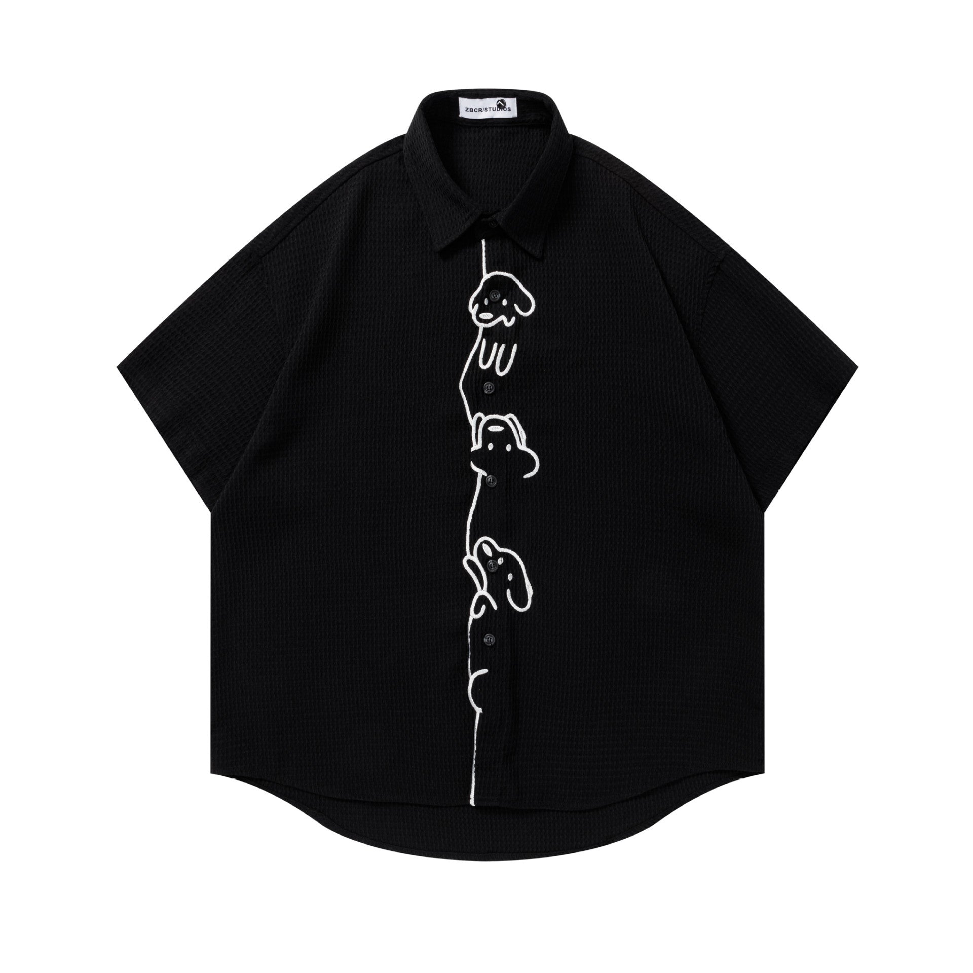 Cute Dog Embroidered Short Sleeve Shirt Cotton Blend National Trend Pattern