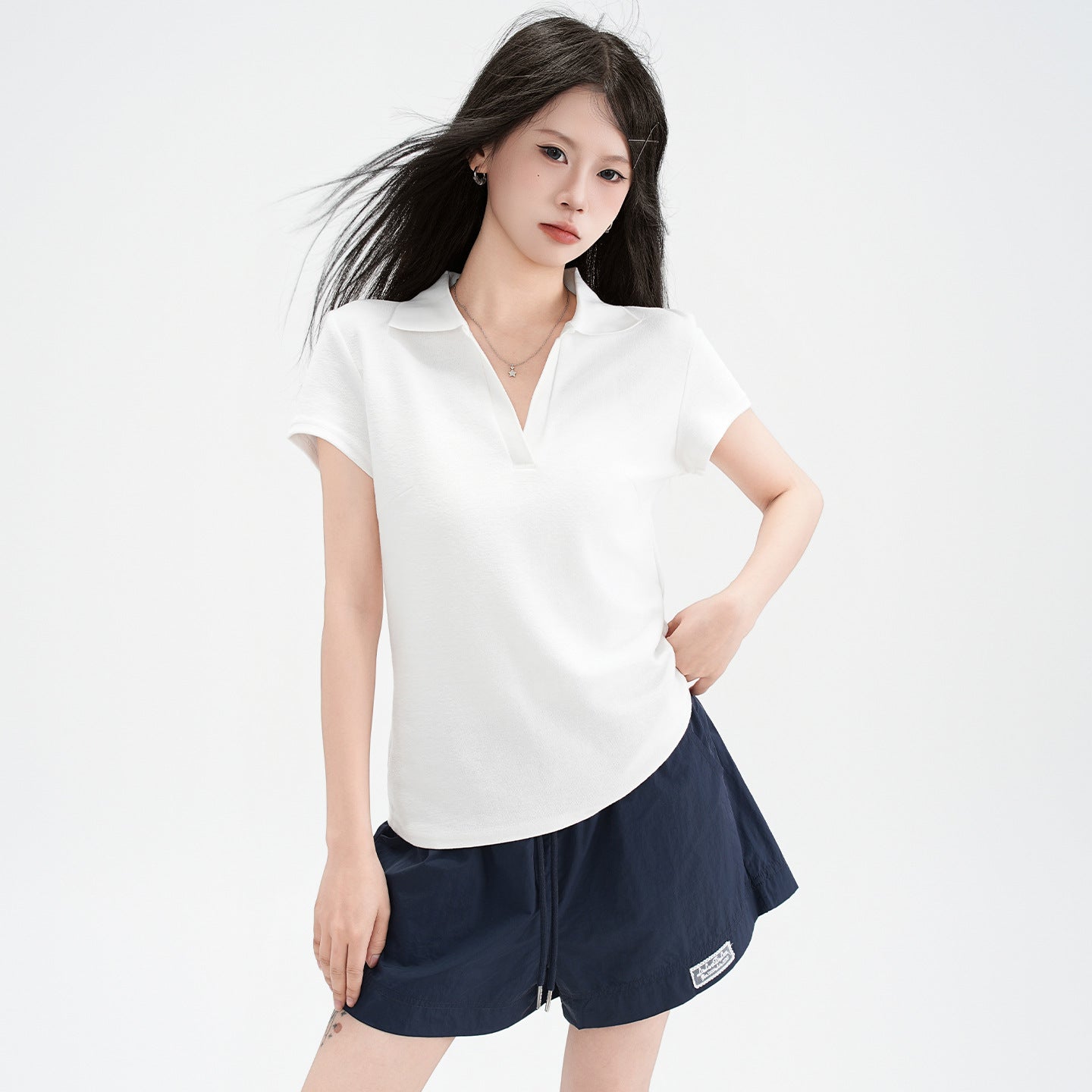 Chic Polo Collar Short Sleeve T Shirt For Women Slim Fit Solid Color