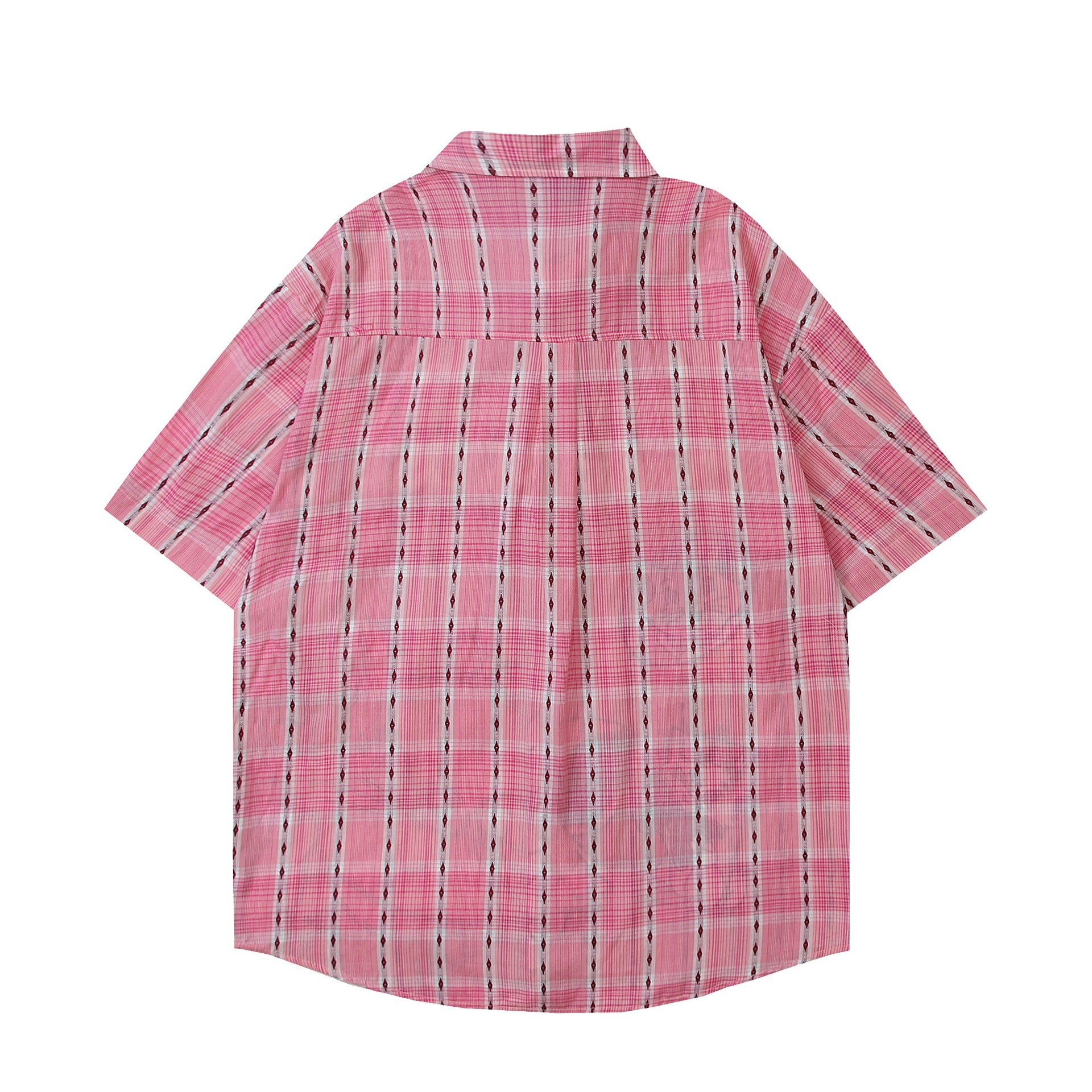 Mary Cat Printed Short Sleeve Cotton Shirt Pink Loose Fit Turn Down Collar