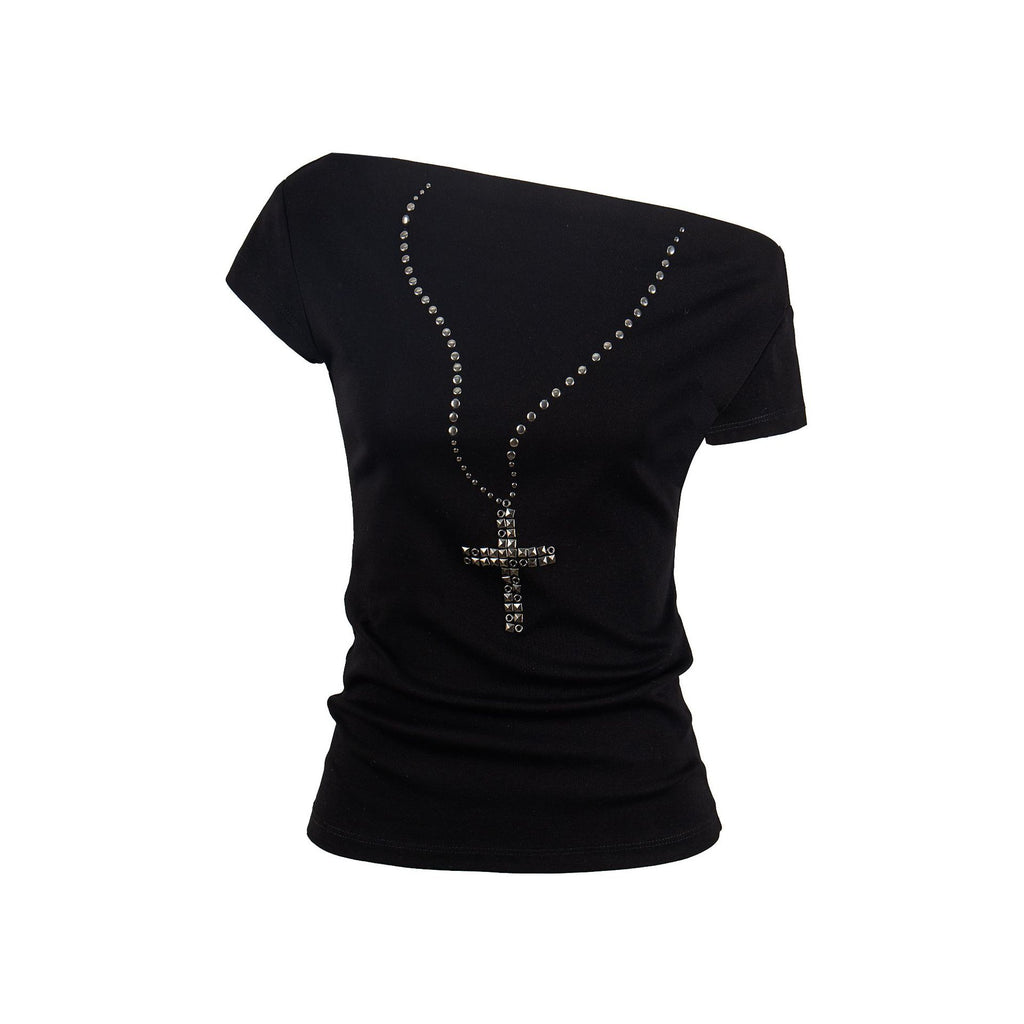 Shoulder Rhinestone Necklace Print T Shirt For Women Slim Fit Short Sleeve