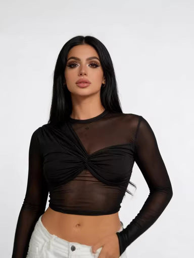 Black Round Neck Knot Mesh Splicing Long Sleeve Top