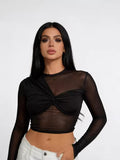 Black Round Neck Knot Mesh Splicing Long Sleeve Top