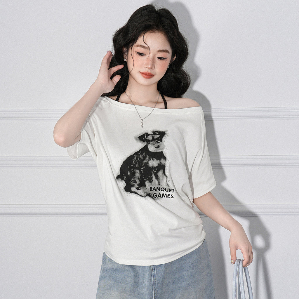 Spicy Girl One Shoulder Top For Women Animal Print Short Sleeve Tee
