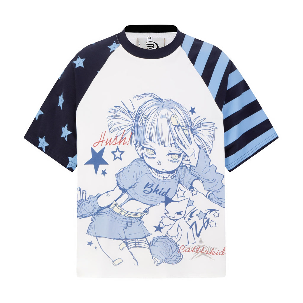 Mens Anime Girl Floral Print Short Sleeve Cotton Blend Tee