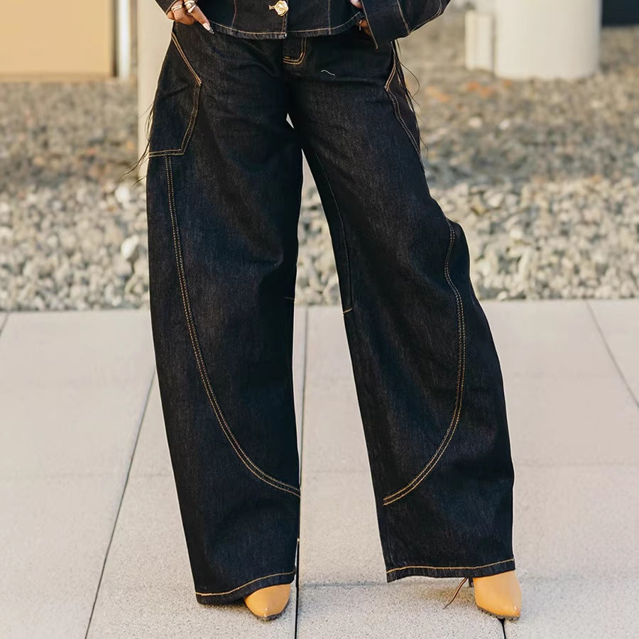 Denim Pants With Curved Hem And Stitched Details Mid Rise Streetwear
