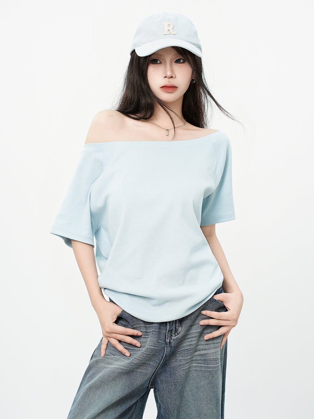 One Shoulder Asymmetrical Patchwork Top Cotton Short Sleeve Relaxed Fit