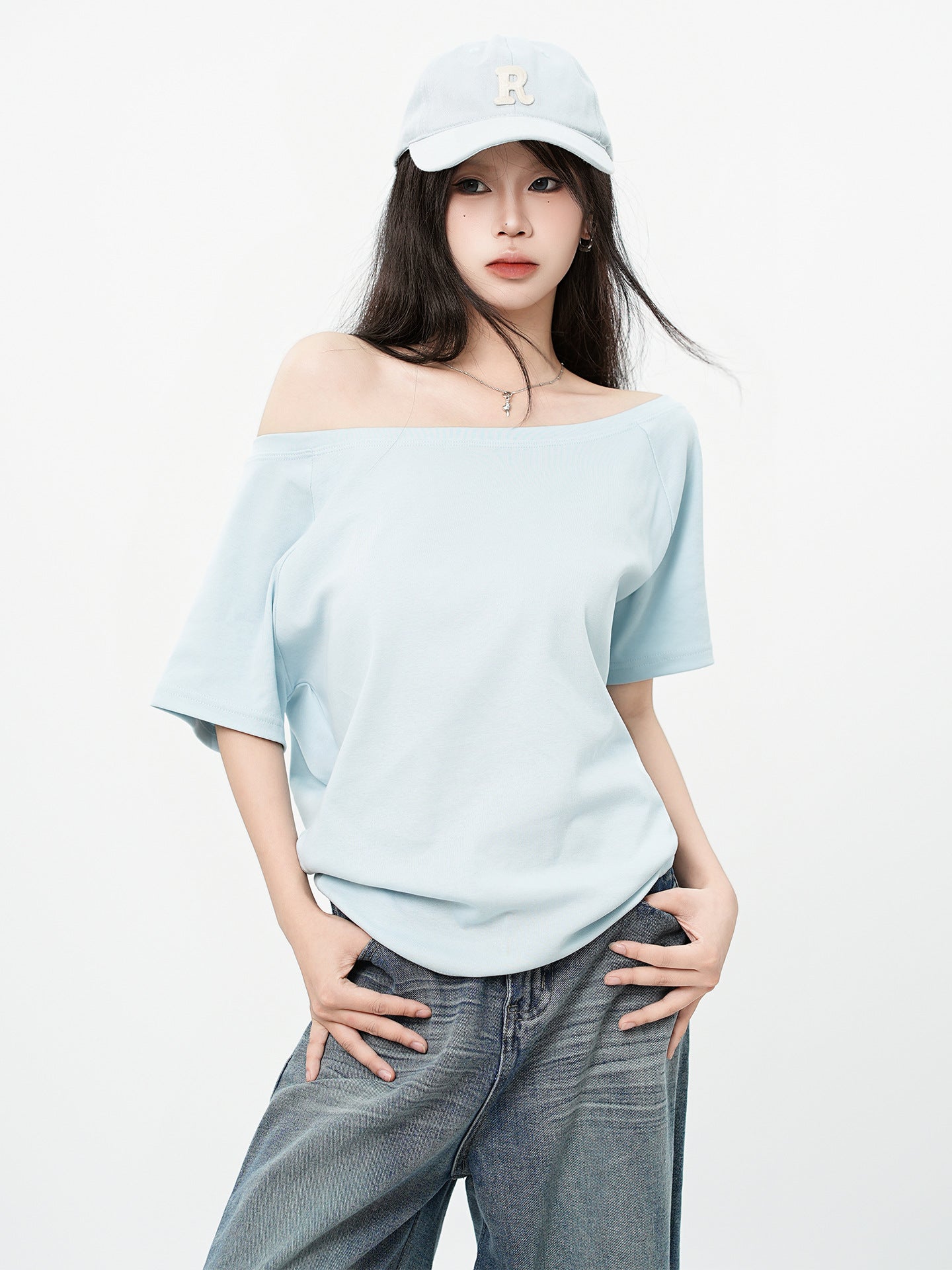 One Shoulder Asymmetrical Patchwork Top Cotton Short Sleeve Relaxed Fit