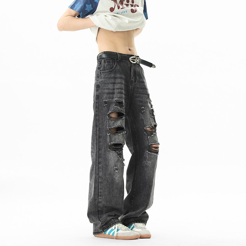 Mens Vintage Distressed Ripped Jeans Streetwear Cotton Loose Fit Long Pants